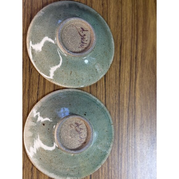 Handcrafted Diana Seidel Ceramic Saucer Set Of 2 Green Glaze Finish Unique Artis - Picture 2 of 3